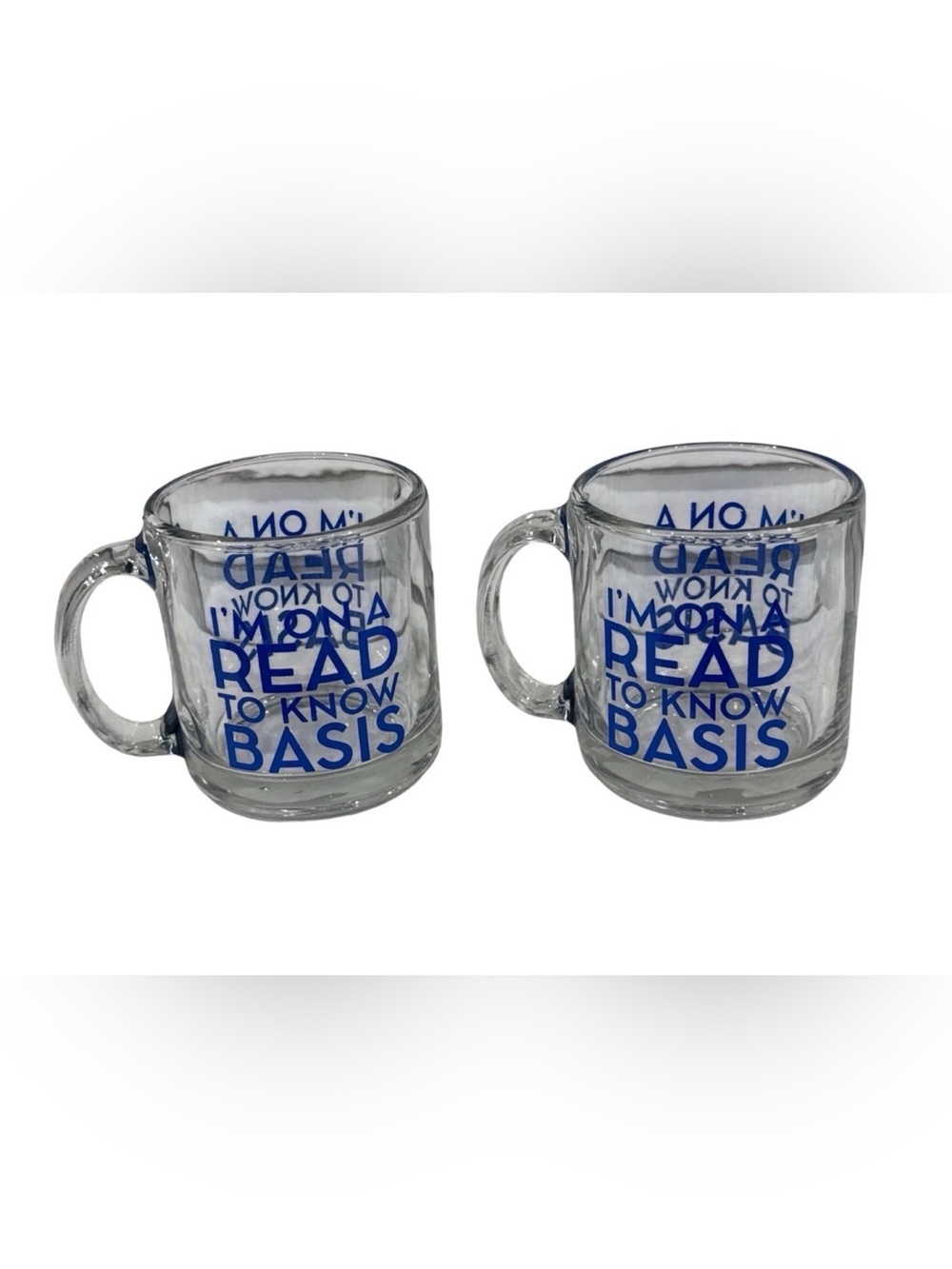 Clear Glass Coffee Mug with Blue Text - Pack of 2